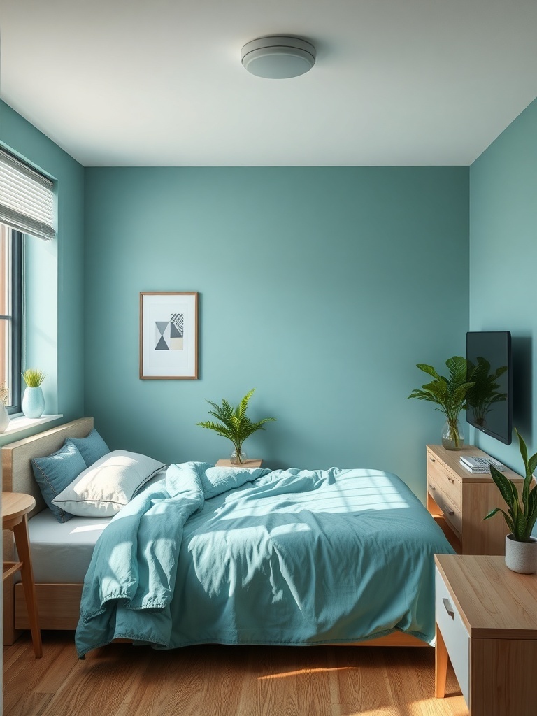 A small bedroom with soft blue walls, a cozy bed with light blue bedding, and plants, creating a relaxing atmosphere.