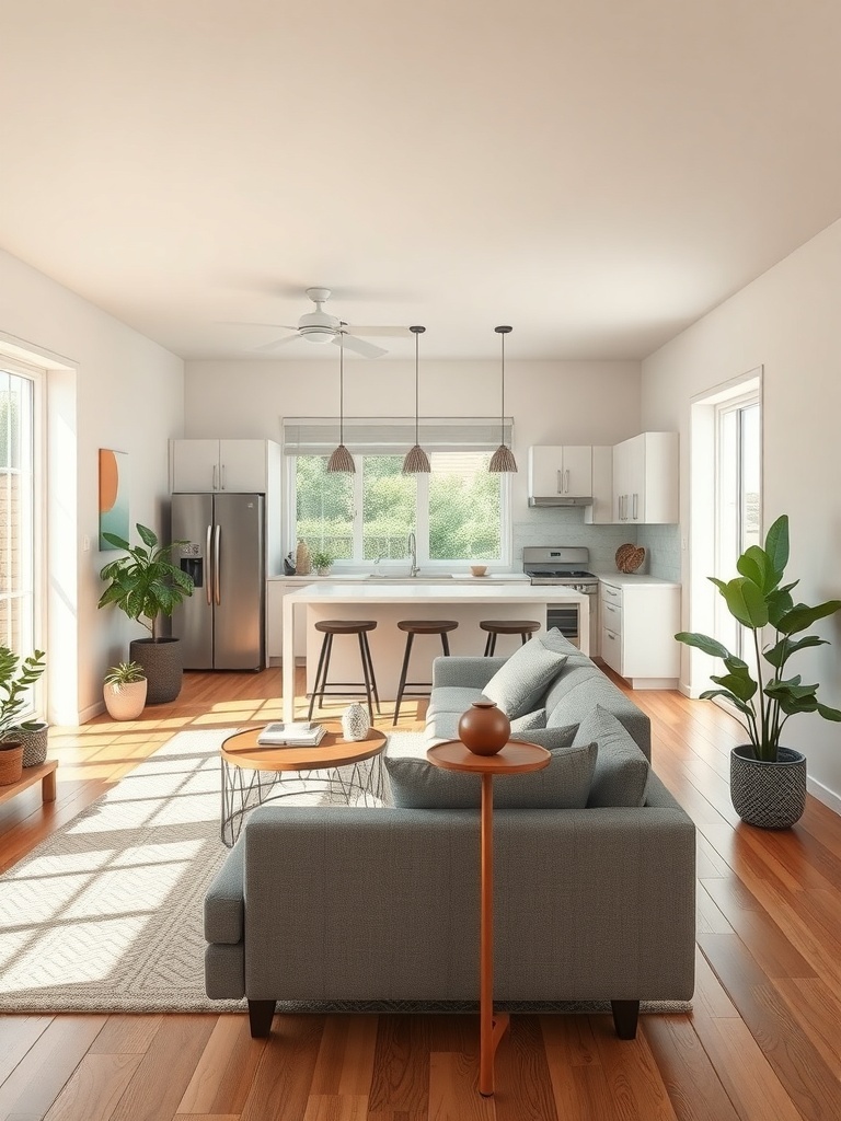 A bright and airy open concept living room and kitchen with plants and modern furniture.