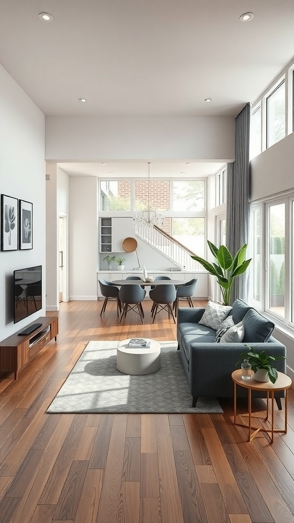 A stylish small living room with an open layout, featuring a gray sofa, a round coffee table, and a dining area with modern chairs.