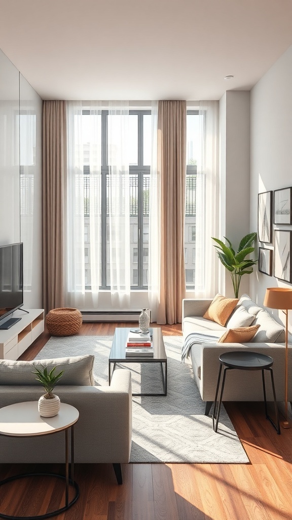 A small living room with cozy seating, a coffee table, and a plant, showcasing furniture zoning.