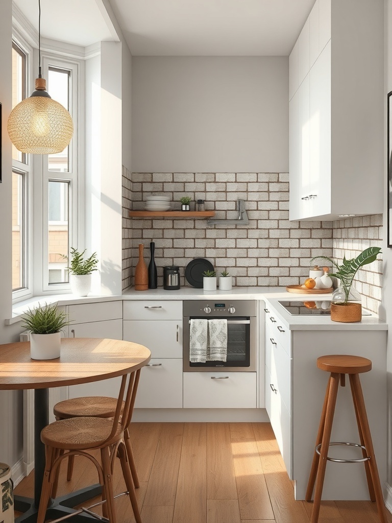 Small kitchen with a stylish white brick backsplash and wooden accents.