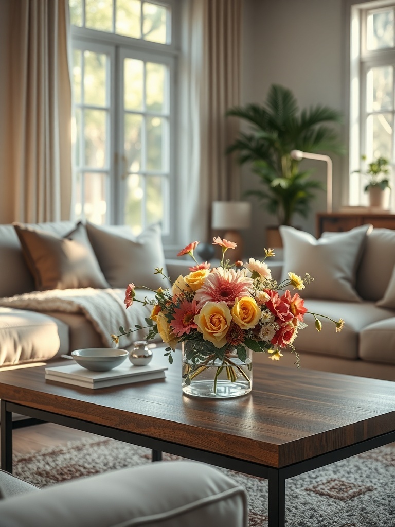 A cozy living room with a coffee table featuring a vibrant floral arrangement.