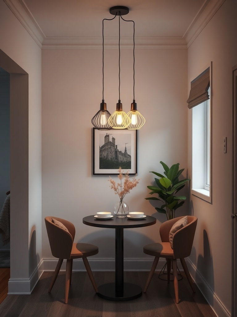 A cozy dining nook with three modern pendant lights hanging above a small table and chairs.