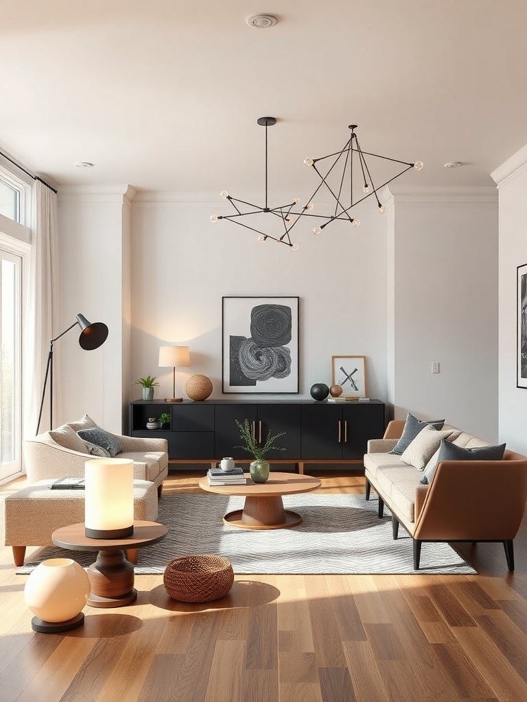 A modern living room with creative lighting solutions, featuring a unique pendant light, floor lamp, and decorative table lamps.