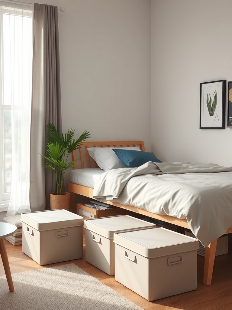 A cozy bedroom with storage boxes under the bed, showcasing a modern and organized space.