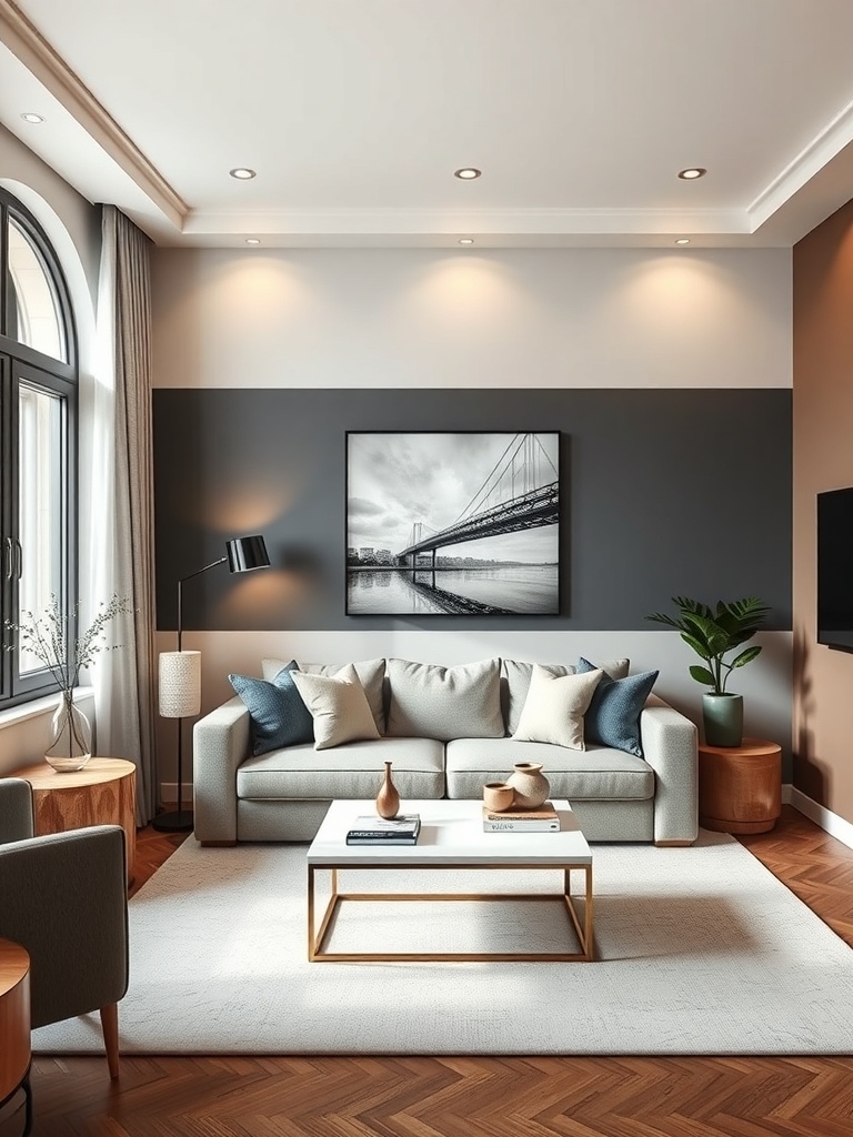 A small living room featuring a two-tone wall design with a light upper section and a dark lower section, complemented by neutral furniture.