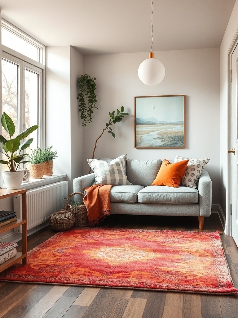 A cozy living room with a light gray sofa, colorful area rug, and plants, showcasing creative use of space.