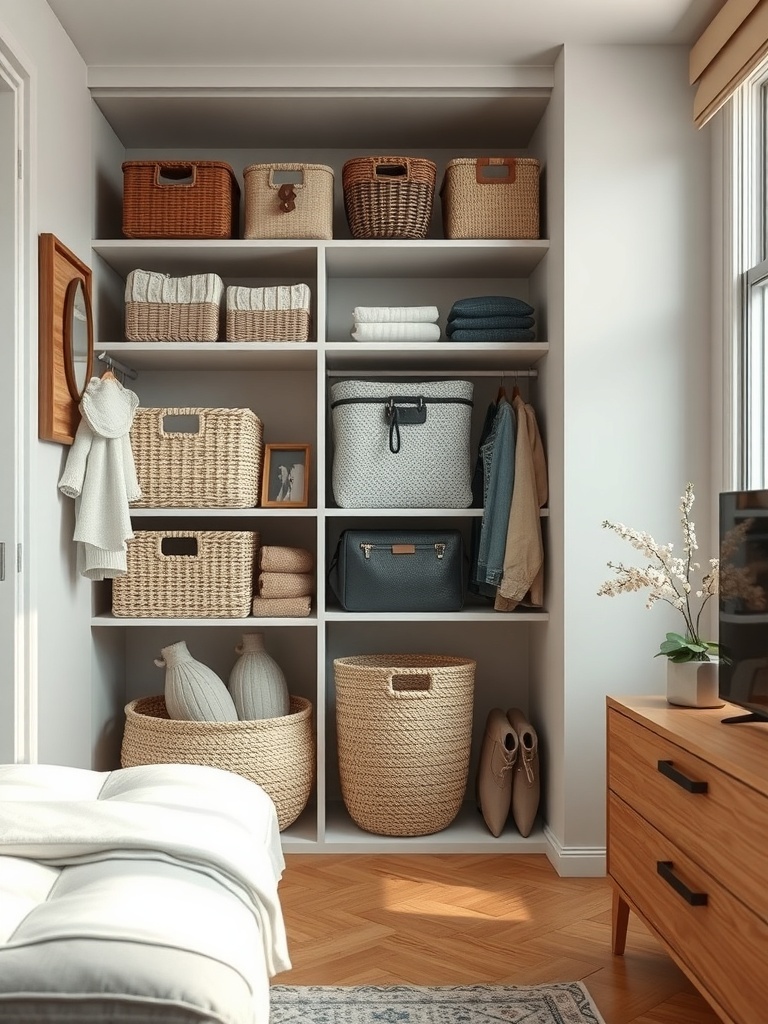 A well-organized closet featuring various baskets for storage.