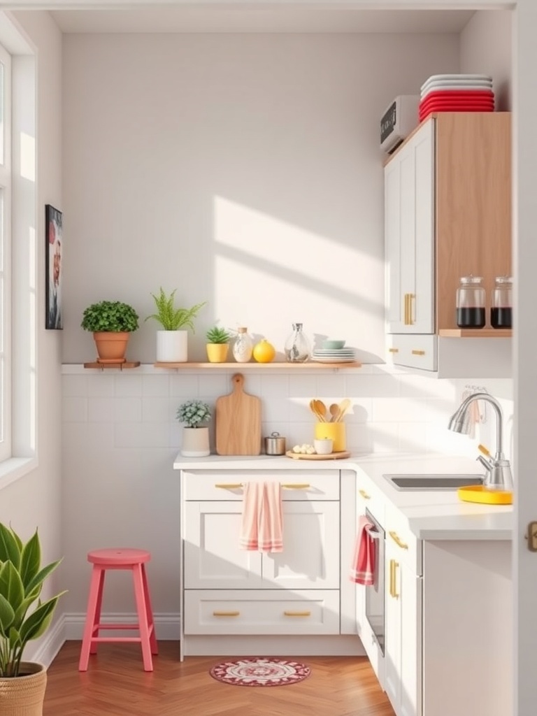 A small, bright kitchen featuring white cabinets, wooden accents, and colorful decor.