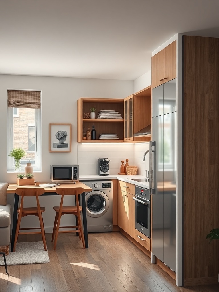 A small apartment kitchen featuring corner cabinets with a modern design.