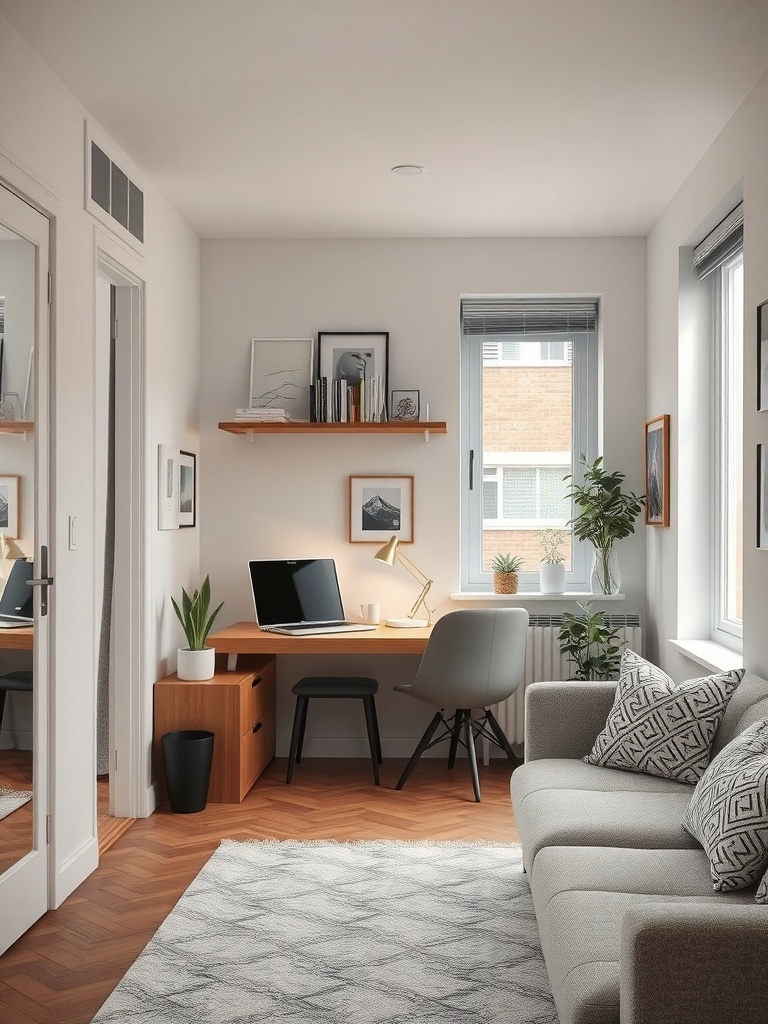 A cozy apartment corner featuring a desk, plants, and decorative items.
