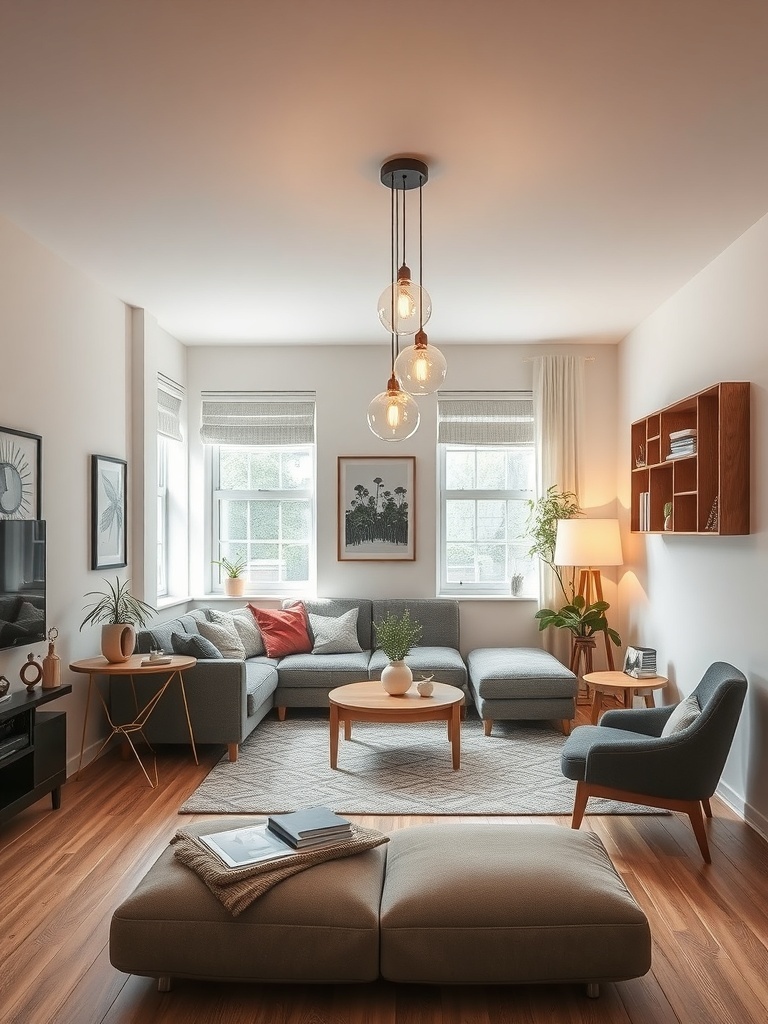 A stylish small living room featuring modern lighting fixtures and cozy furniture.