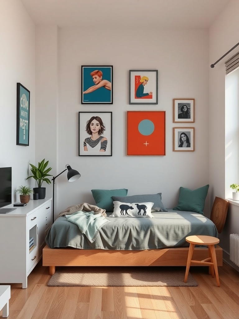 A small bedroom featuring a bed with a cozy blanket, decorative pillows, and a wall adorned with various framed artworks.