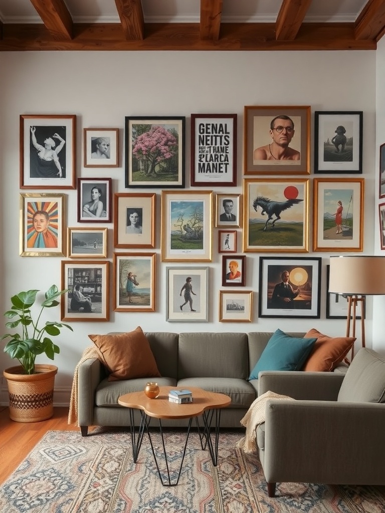 A cozy living room with an eclectic wall art arrangement featuring various framed artworks and a comfortable sofa.