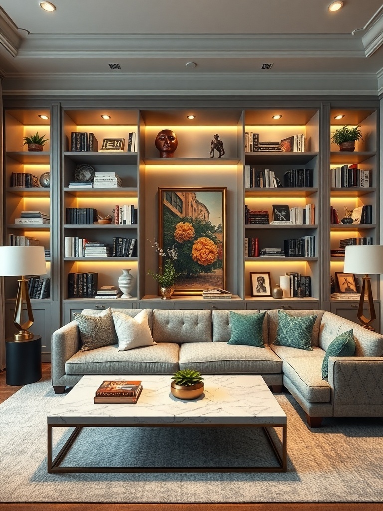 A stylish living room featuring custom built-in shelves, a cozy sofa, and warm lighting.