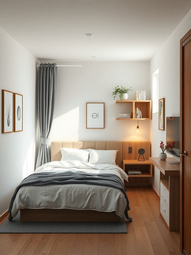 A small, minimalist bedroom featuring a neatly made bed, simple decor, and functional storage.