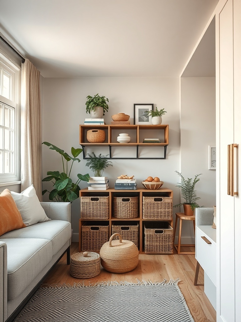 A cozy living room featuring decorative baskets for organized storage.