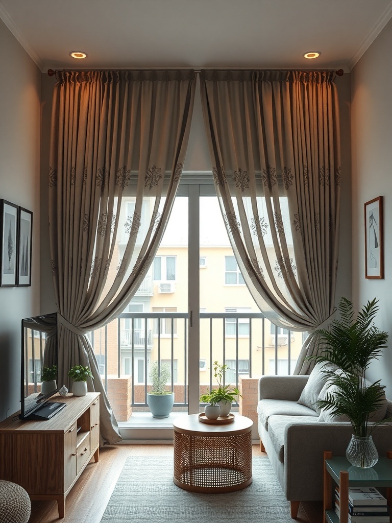 Cozy balcony with decorative privacy curtains and plants