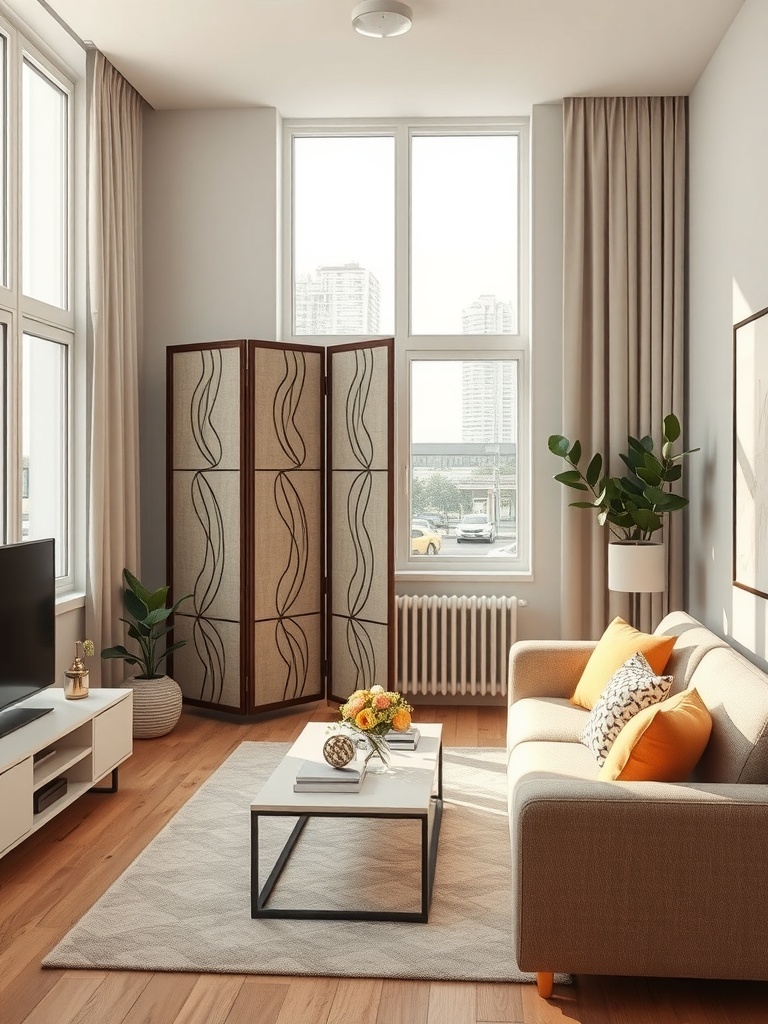 A stylish room divider in a modern apartment, separating the living area from the workspace.