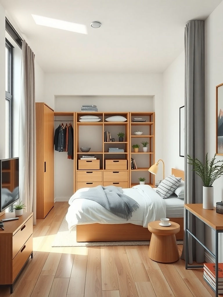 A small bedroom with a functional closet space featuring open shelving and a wardrobe.