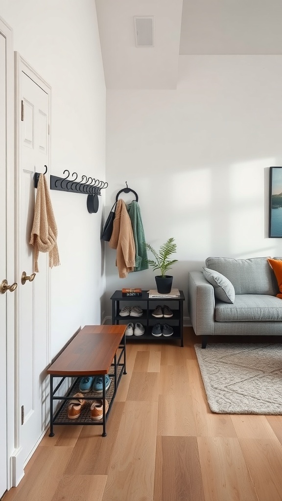A small, functional entryway featuring a bench, wall hooks, and a plant.