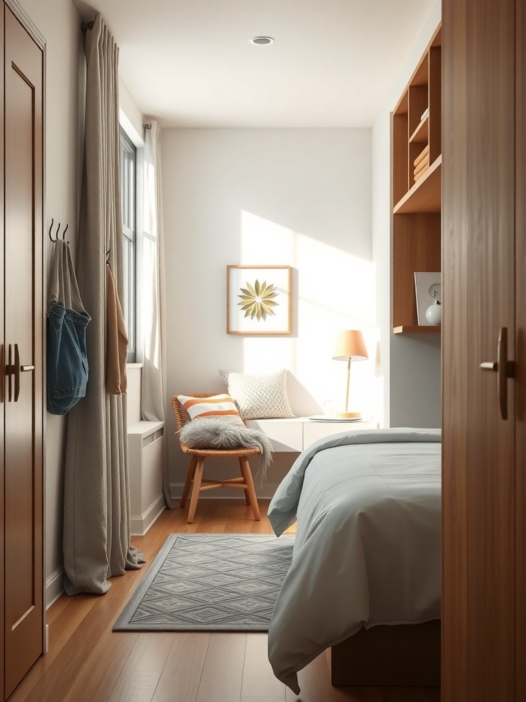 A small, well-lit bedroom with a cozy chair, side table, and organized storage.