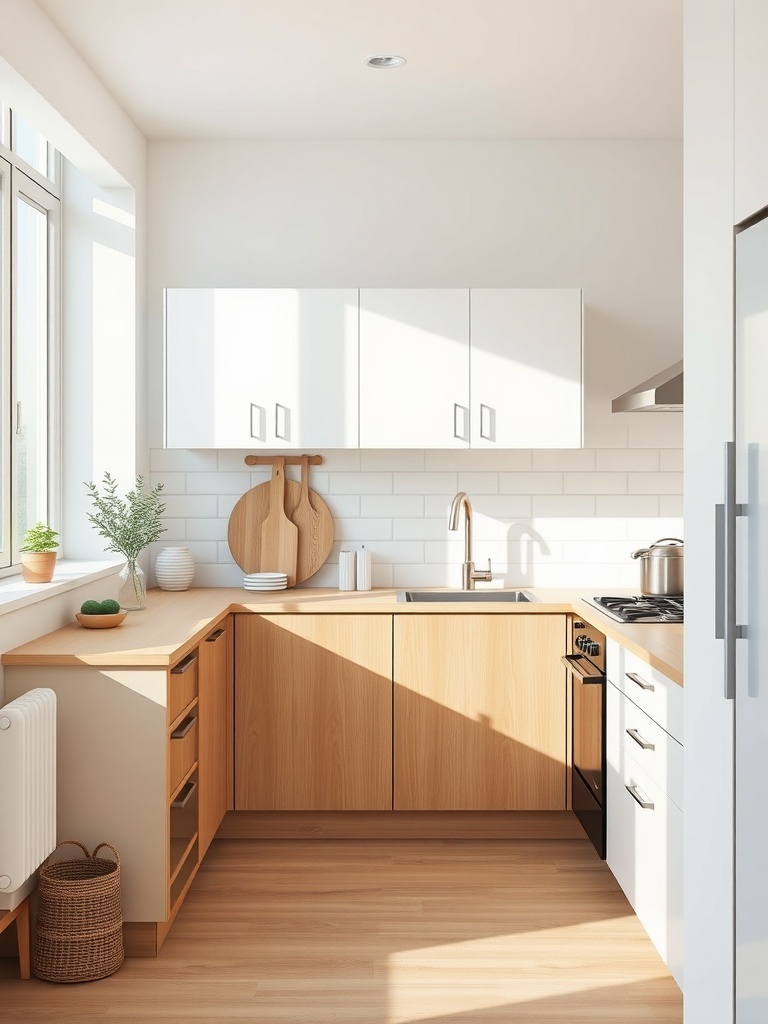 A minimalist kitchen with wooden cabinets and white walls, featuring a clean and organized layout.