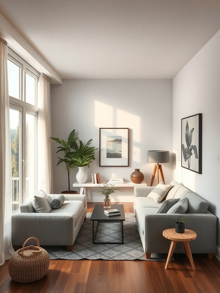 A cozy small living room with light gray sofas, a coffee table, and natural light from large windows.
