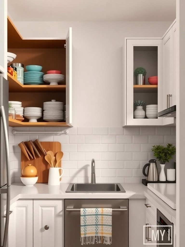 A small apartment kitchen featuring open cabinets with colorful dishes and a modern sink.