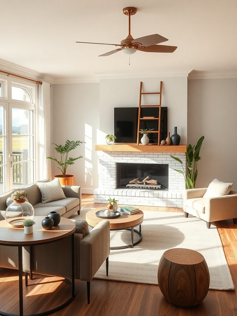 A stylish living room with modern furniture, a wooden ladder, and plants.
