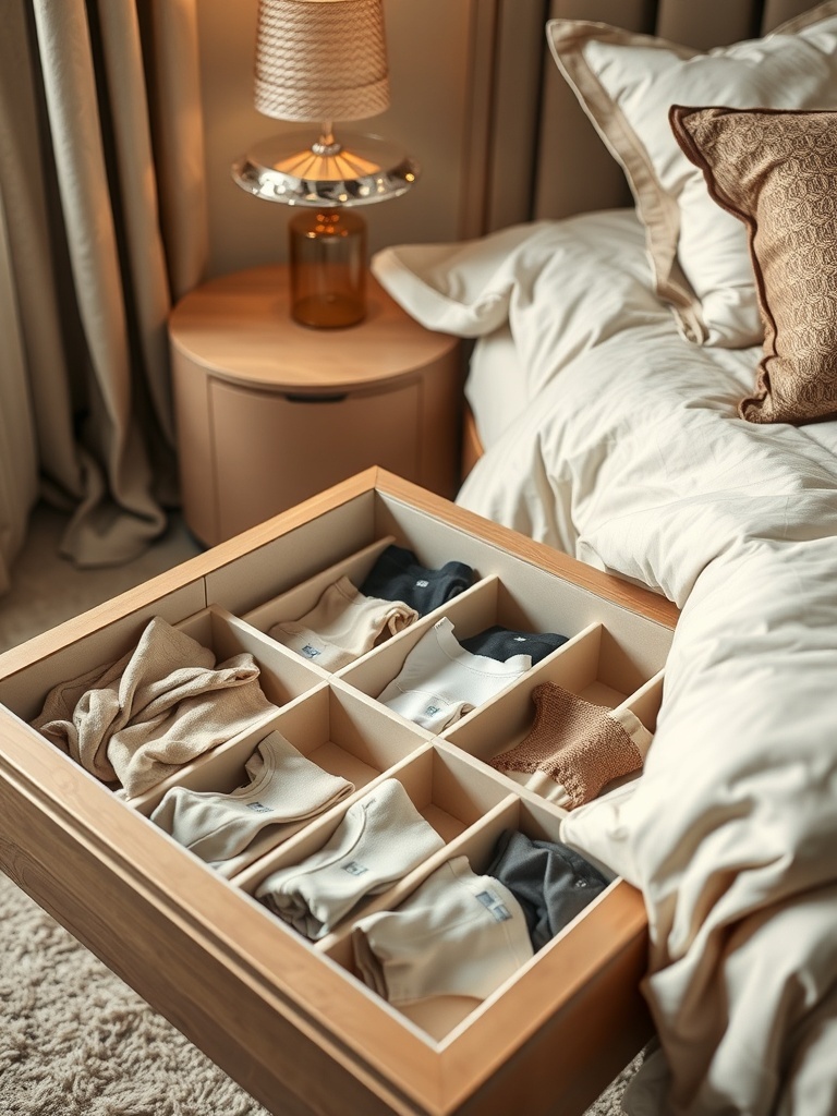 A neatly organized drawer with clothing items separated by dividers.