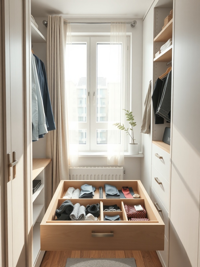 A neatly organized closet drawer with dividers, holding rolled socks, ties, and other accessories.