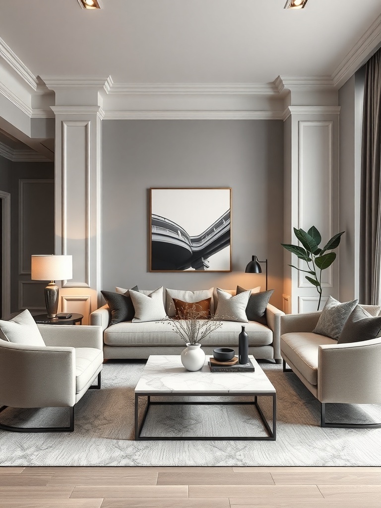 A modern small living room with gray walls, stylish furniture, and a cozy atmosphere.