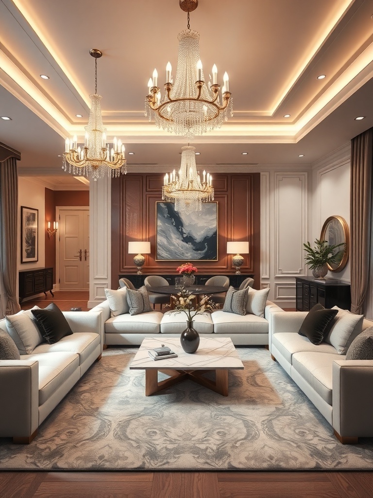 Luxurious living room with elegant chandeliers and stylish decor