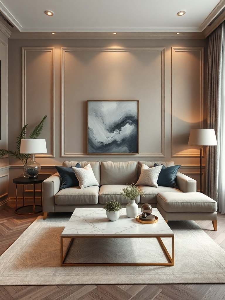 A small living room with taupe walls, a light-colored sofa, and elegant decor.