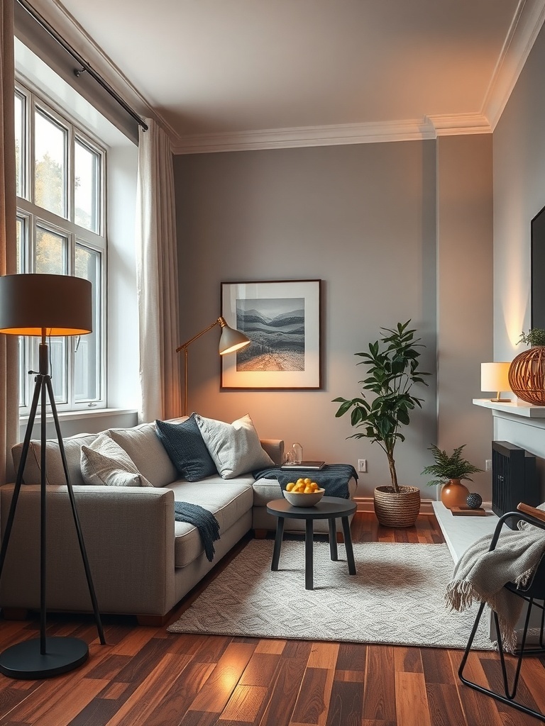 Cozy small condo living room with flexible lighting solutions