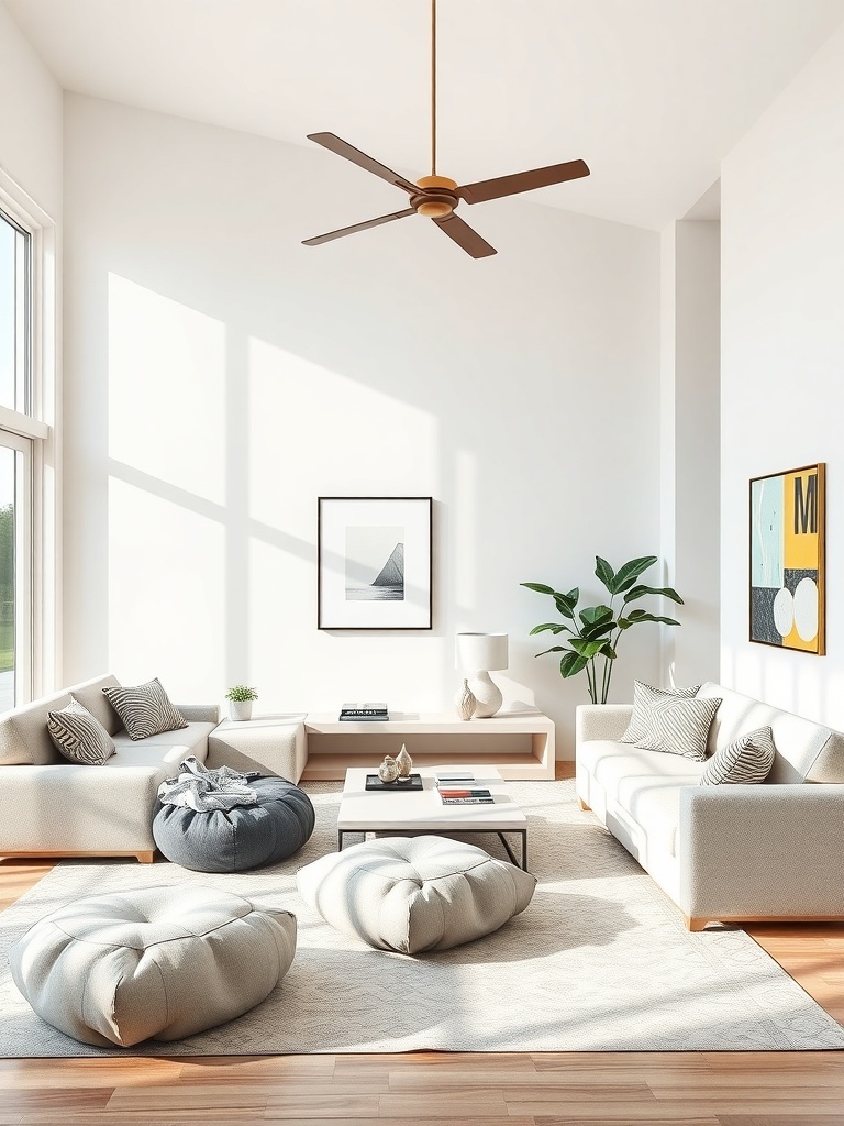 A modern living room with light-colored sofas, poufs, and natural light.