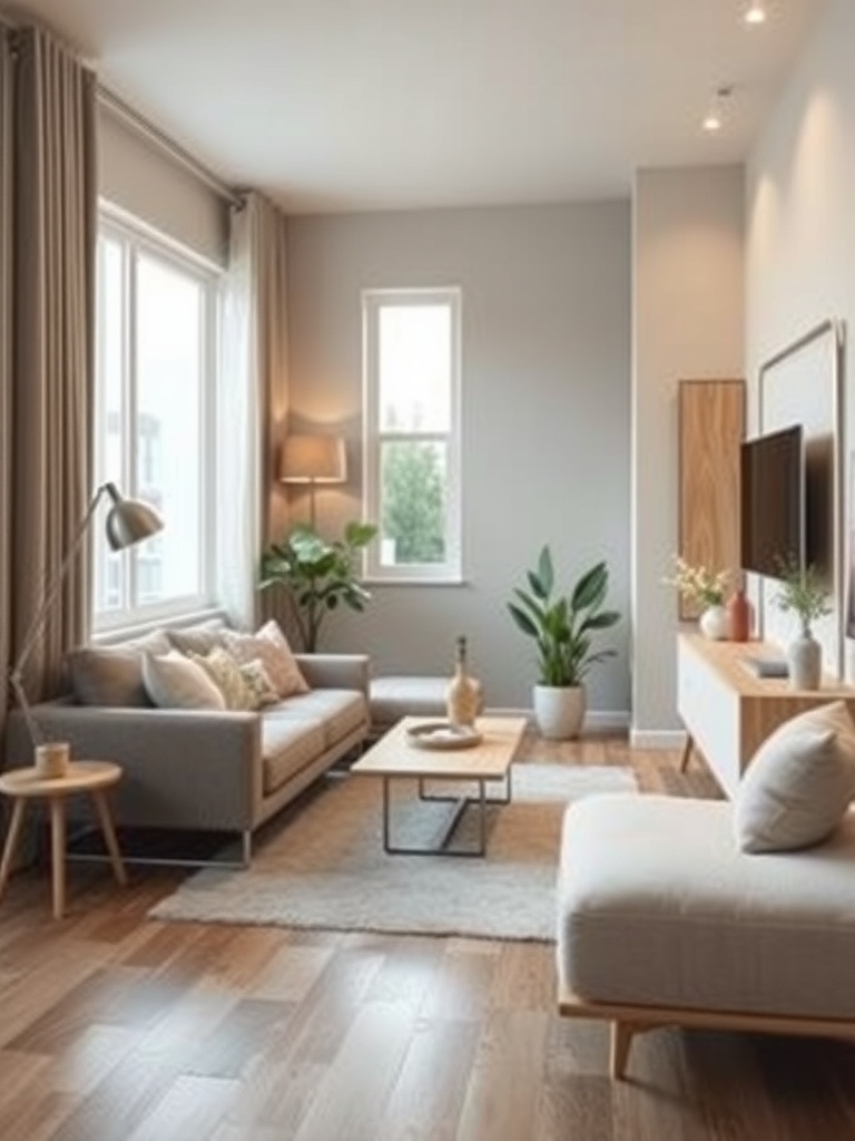 A modern small living room with a floating furniture arrangement featuring a sofa, chairs, and a coffee table.