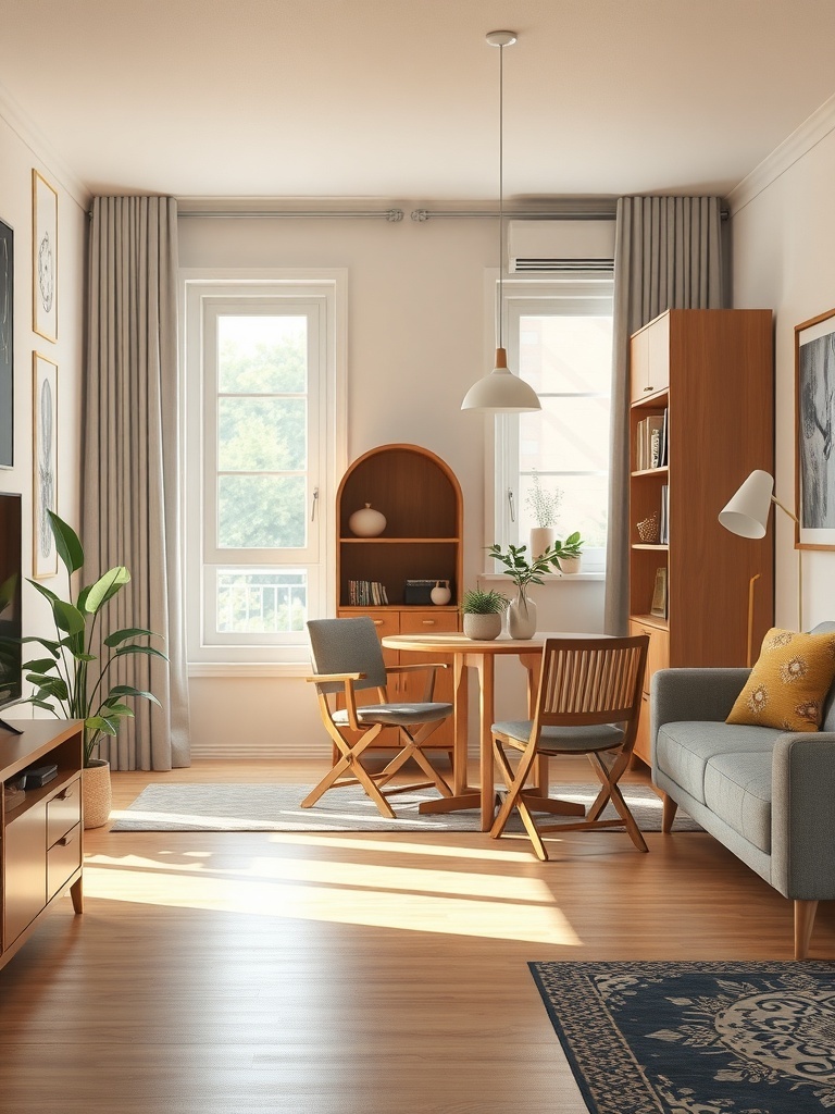 A cozy apartment with a small dining table and foldable chairs.