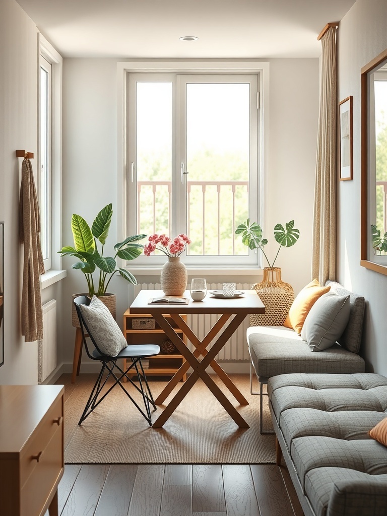 A cozy apartment dining area featuring a foldable dining set, plants, and natural light.