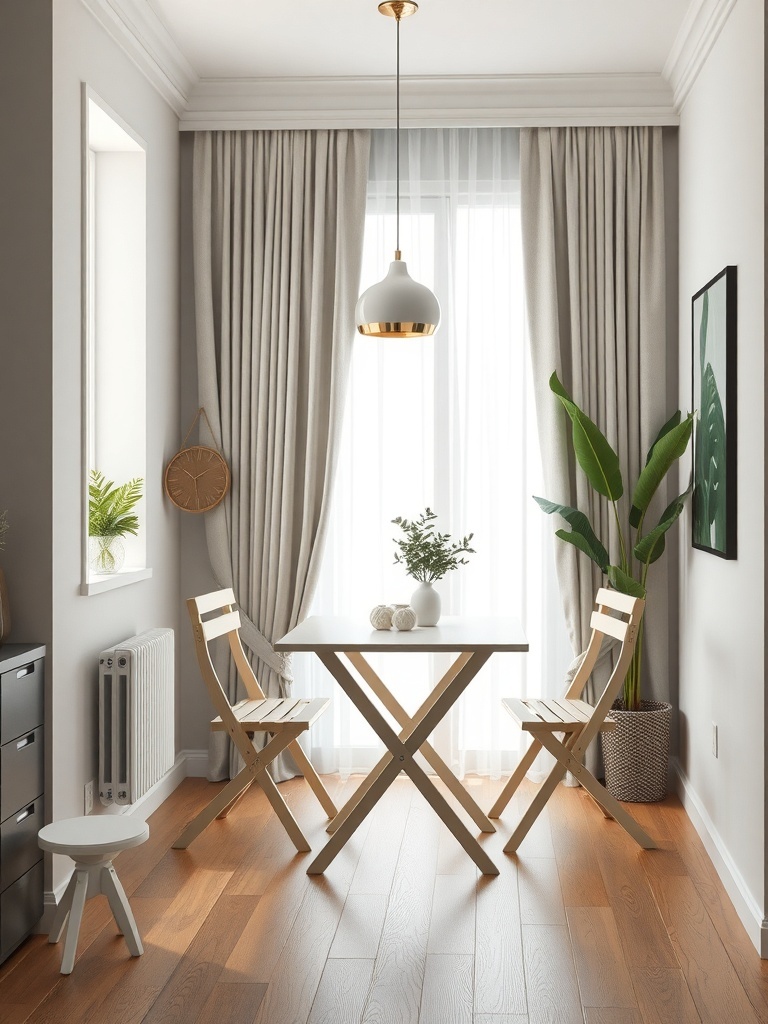 A compact dining area featuring a foldable table and chairs, with natural light filtering through sheer curtains.