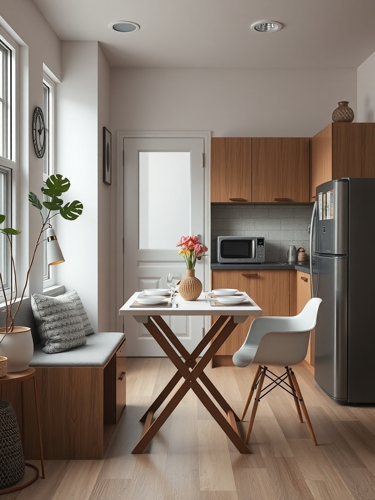 A small kitchen featuring a foldable table with two chairs, a cozy seating area, and modern appliances.