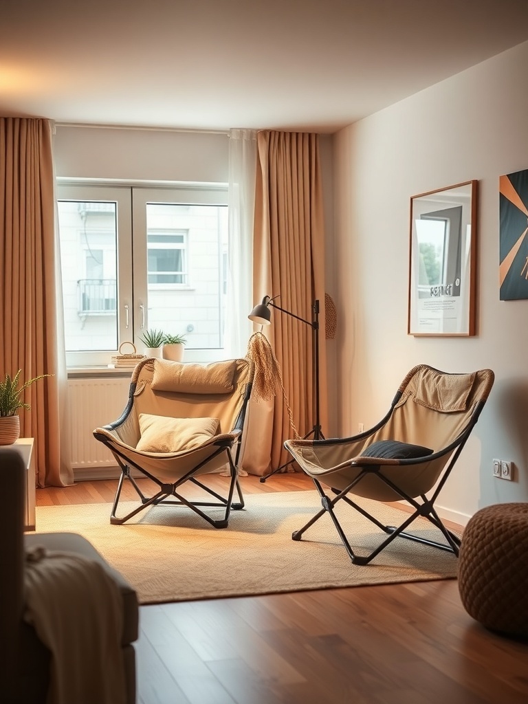 Two foldable lounge chairs in a small living room with a warm atmosphere.