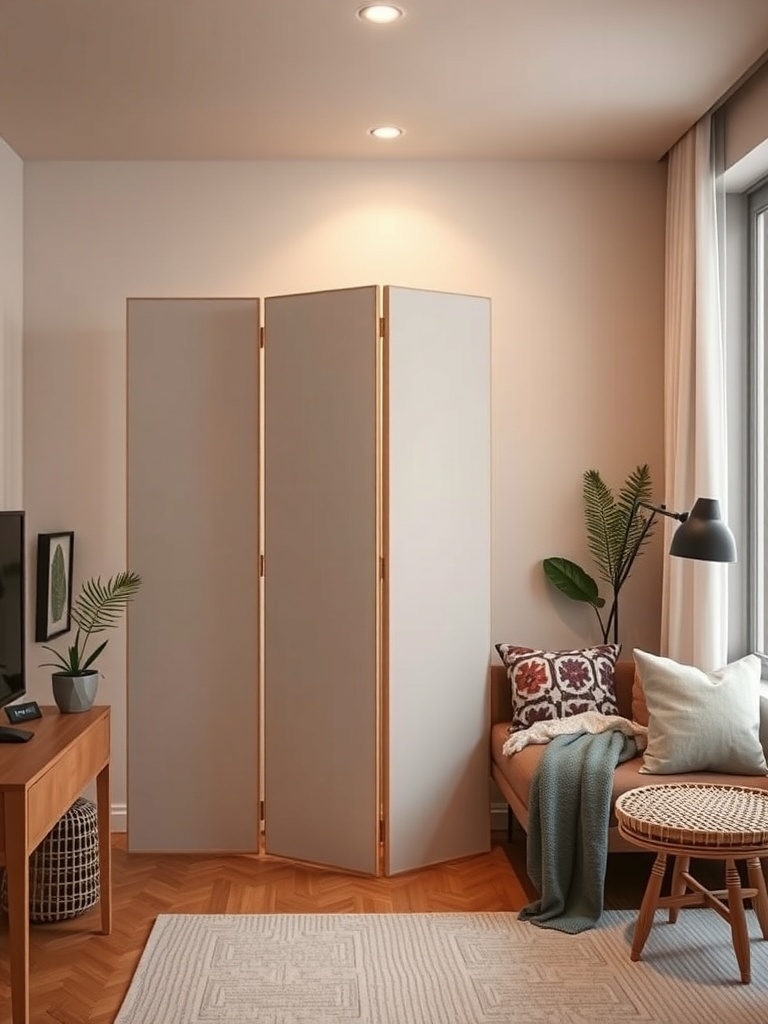 A stylish three-panel foldable room divider in a small living room setting, enhancing the space's functionality and decor.