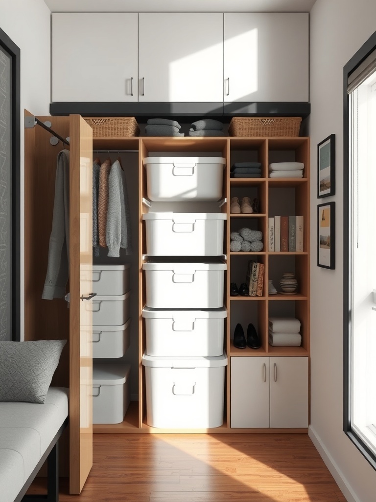 Organized closet with foldable storage boxes and shelves.