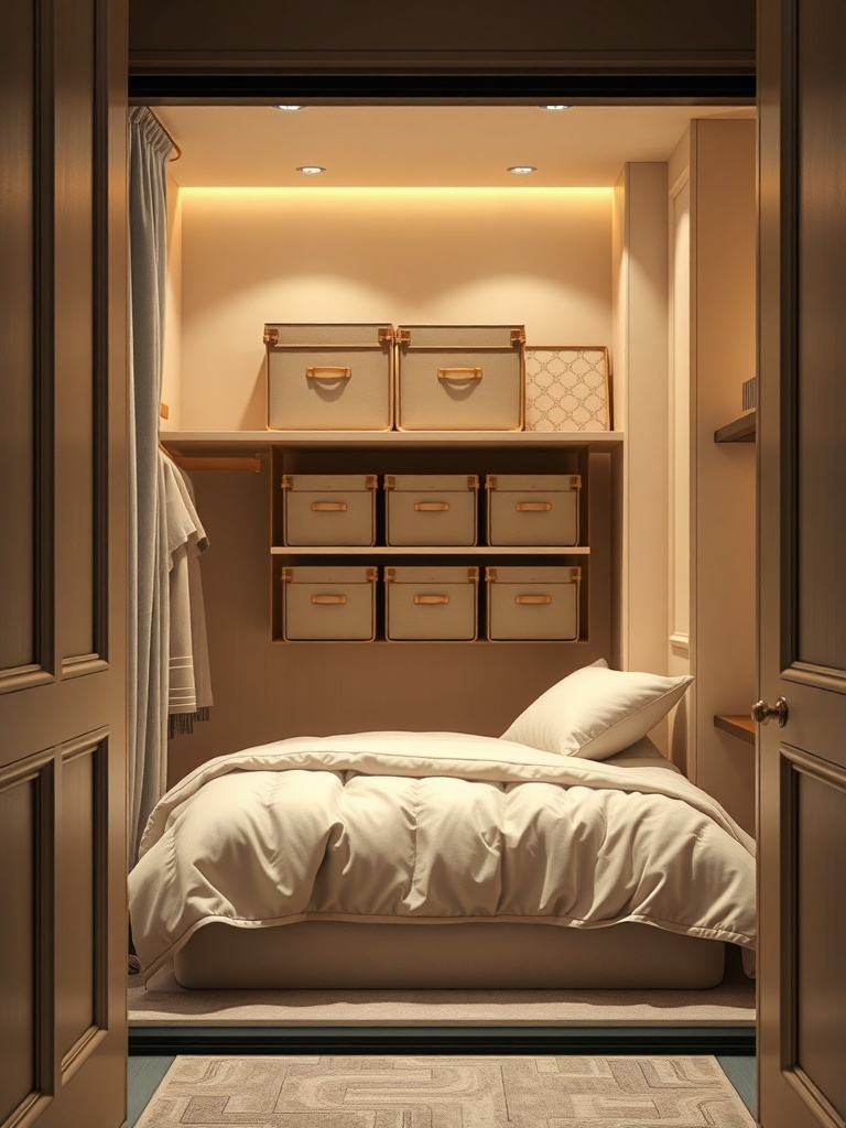 Cozy closet with a bed and stylish foldable storage boxes
