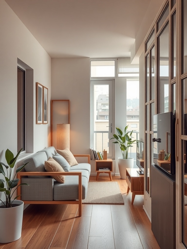 A cozy small balcony with folding furniture, plants, and a warm atmosphere.