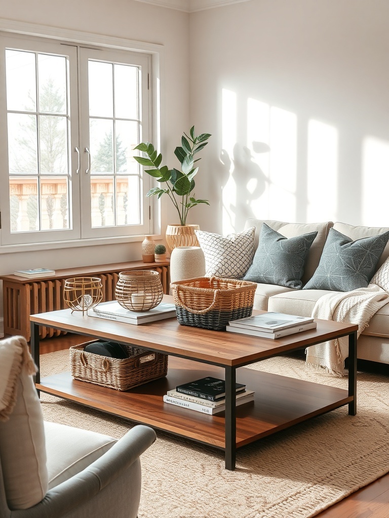 A cozy living room with a coffee table featuring stylish storage baskets, books, and a plant.