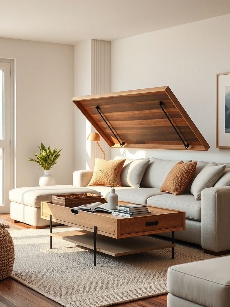A cozy living room featuring a lift-top coffee table with storage, a light sofa, and a soft rug.