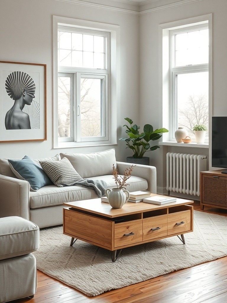 A stylish small living room featuring a wooden coffee table with storage, light furniture, and decorative elements.